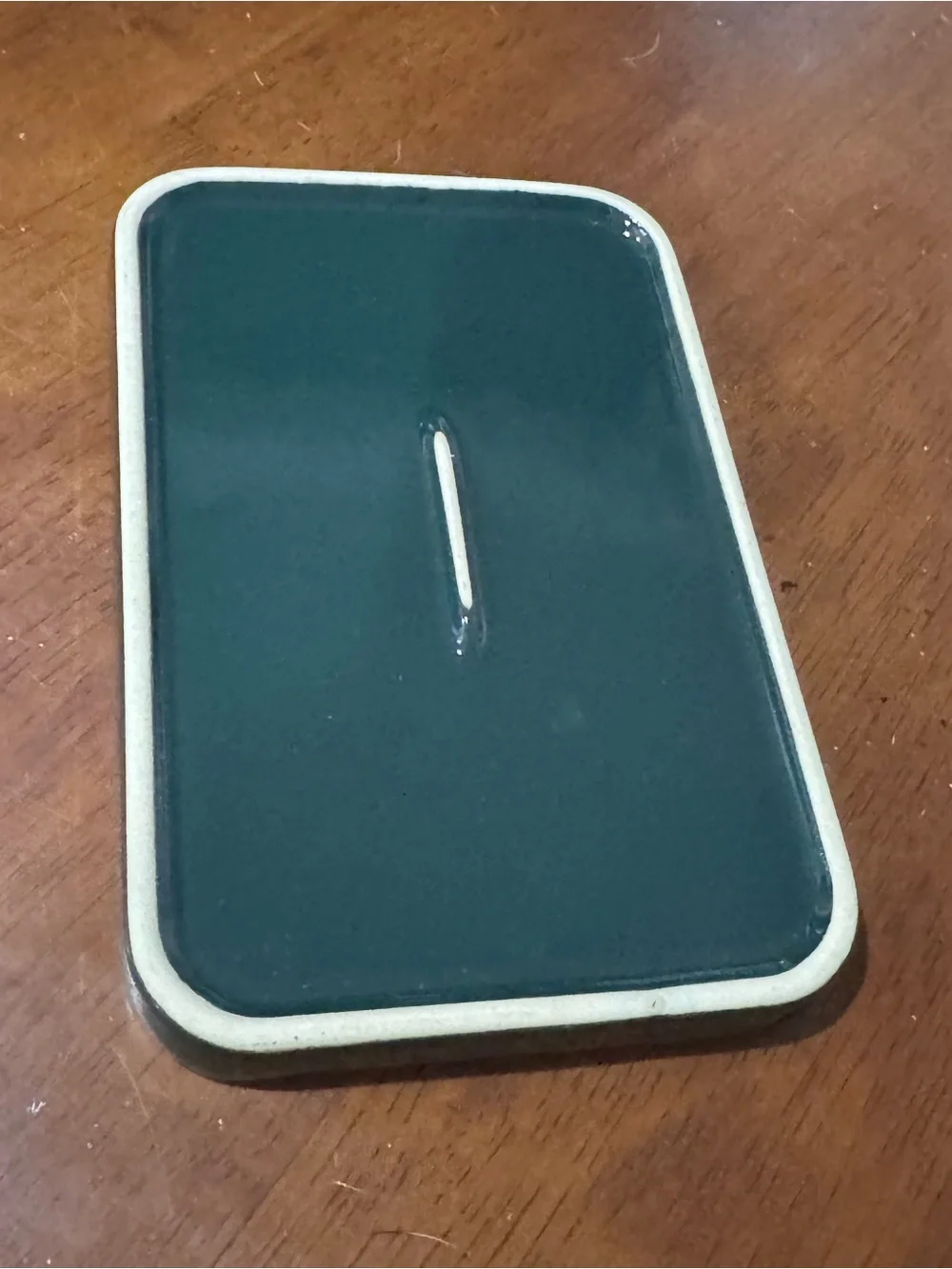 AVEDA bar soap or trinket dish Dark Green Metal Tray with Gold Edge